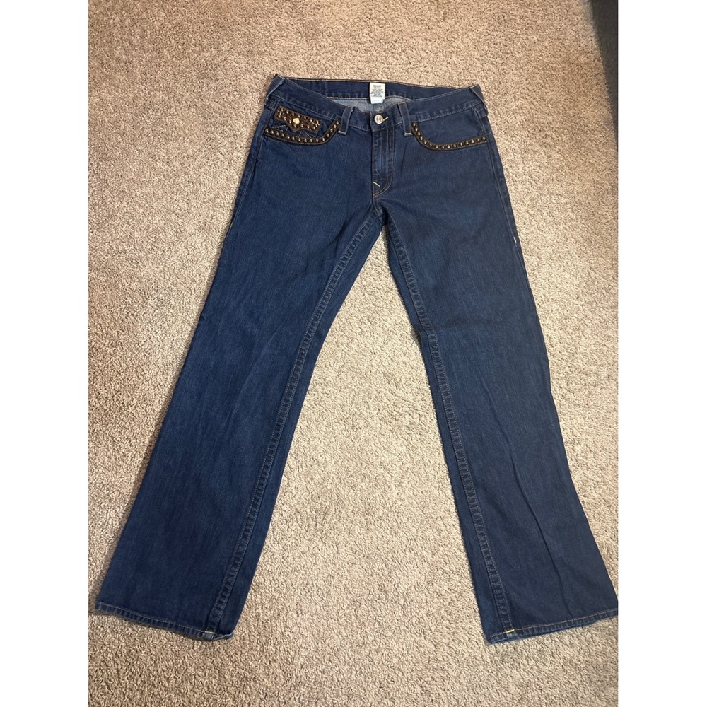 True Religion Ricky Straight Leg Studded Leather Trim Jeans Blue Mens 36 24859YQ